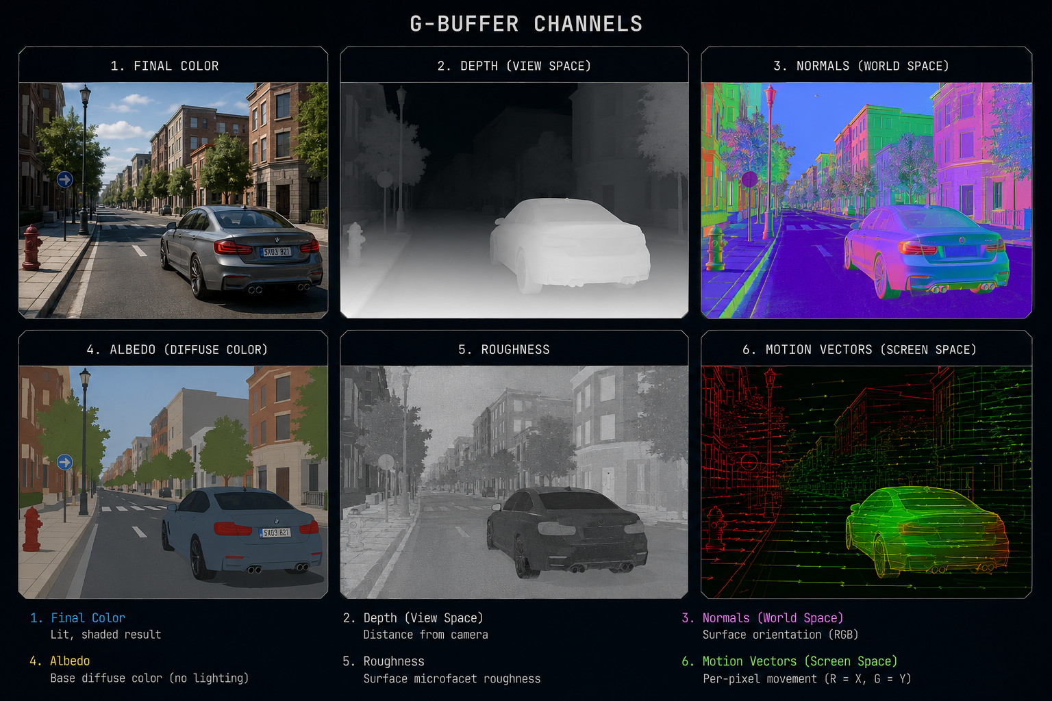 Deferred shading writes geometry, normals, albedo, roughness and motion into a multi-target G-buffer for later lighting passes. A grid of six small image panels showing a single 3D scene (a simple street with a car) decomposed into G-buffer channels: final color, depth as grayscale, world-space normals as RGB, albedo, roughness as grayscale, and motion vectors as red/green flow. Each panel labeled. Clean technical layout, dark UI frame, no UI clutter.