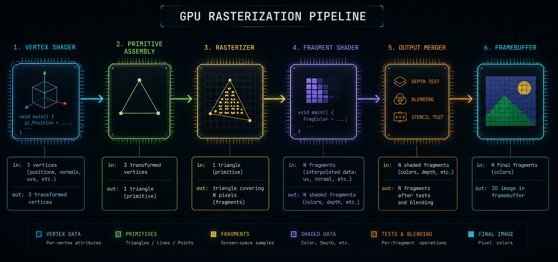 The rasterization pipeline every triangle flows through the same fixed sequence of stages, from vertex math to framebuffer write. A horizontal flowchart of the GPU rasterization pipeline, left to right: Vertex Shader → Primitive Assembly → Rasterizer → Fragment Shader → Output Merger → Framebuffer. Each stage shown as a stylized chip block with the input and output data type labeled below (e.g. "in: 3 vertices", "out: triangle covering N pixels"). Dark technical aesthetic, neon outlines, no character art, infographic vibe.
