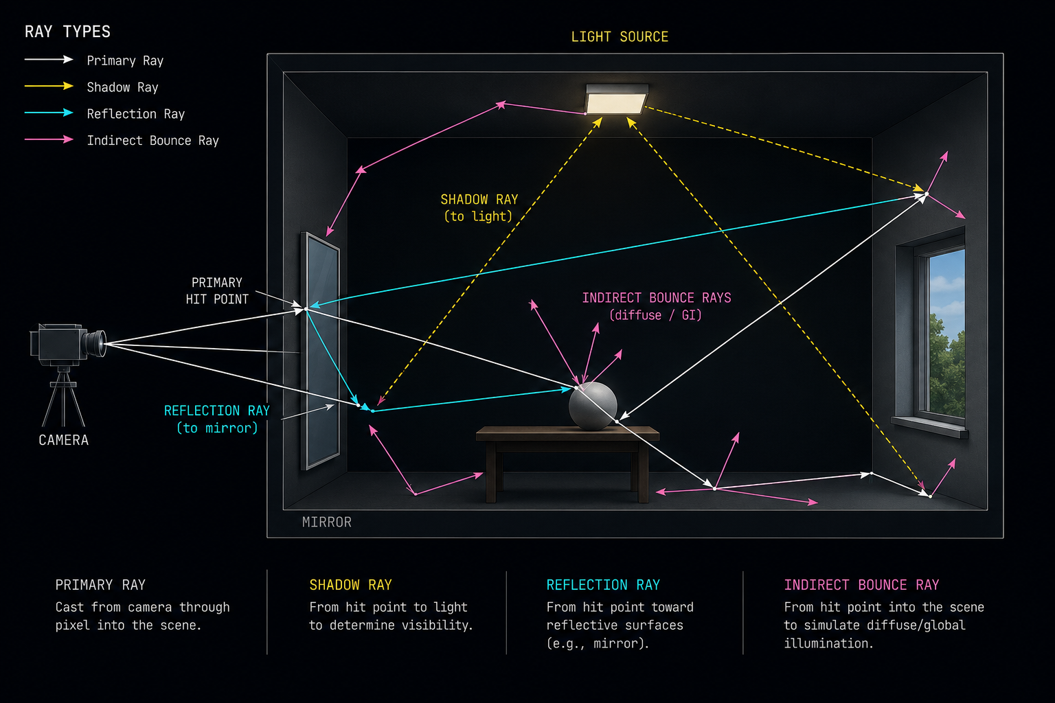 A schematic side view of a 3D scene (a room with a mirror and a window). From the camera, primary rays shoot into the scene. Each primary hit spawns shadow rays toward the light, reflection rays toward the mirror, and indirect bounce rays into the room. Each ray is drawn as a thin colored line: primary white, shadow yellow, reflection cyan, indirect magenta. Annotated. Clean technical diagram, dark background.