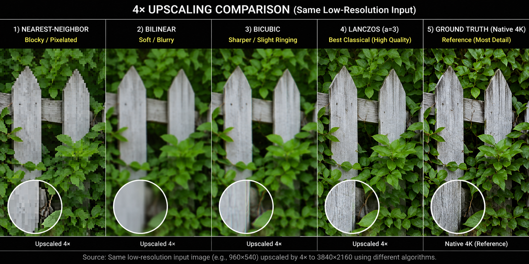 Bilinear, bicubic, Lanczos no spatial-only filter can invent the sub-pixel detail lost at low resolution. A 5-panel horizontal strip showing the same low-resolution image of a fence with foliage upscaled by 4x using: nearest-neighbor (blocky), bilinear (soft), bicubic (sharper, slight ringing), Lanczos (best classical), and ground truth native 4K (clearly more detail than any of the others). Each labeled. Magnified, technical comparison, no game UI.
