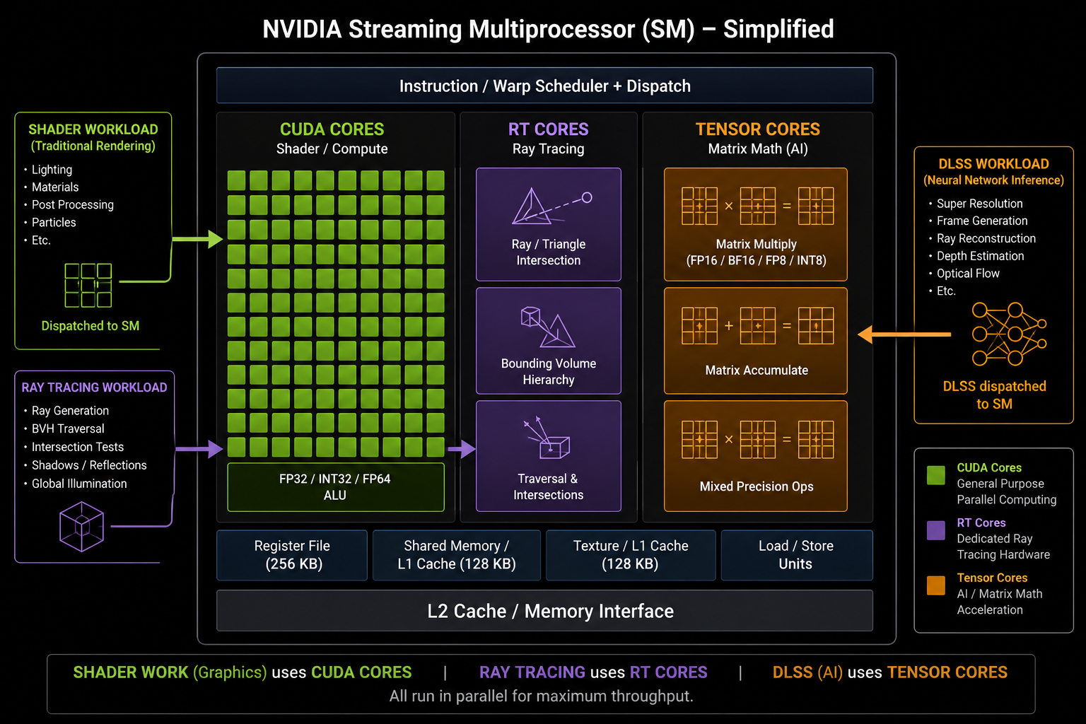DLSS routes its matrix math to dedicated Tensor Cores, leaving the shader cores free for the rest of the frame. A simplified diagram of an NVIDIA streaming multiprocessor (SM) showing CUDA cores as lots of small green squares, RT cores as a few larger purple blocks for ray tracing, and Tensor Cores as a few larger orange blocks for matrix math. An arrow shows DLSS workload routed specifically to the Tensor Cores, while shader work uses the CUDA cores in parallel. Clean technical infographic, dark background.