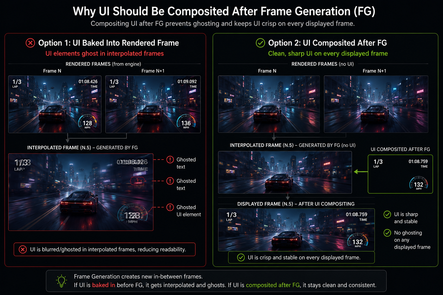 Composite UI after Frame Generation, not before the only way to keep animated HUD elements clean. A diagram with two options side by side. Left option 'UI baked into rendered frame' shows UI elements visibly ghosting in the interpolated frame, marked with red issue indicators. Right option 'UI composited after FG' shows a clean UI on every displayed frame, marked with green checkmarks. A caption explains the difference. Clean technical comparison.