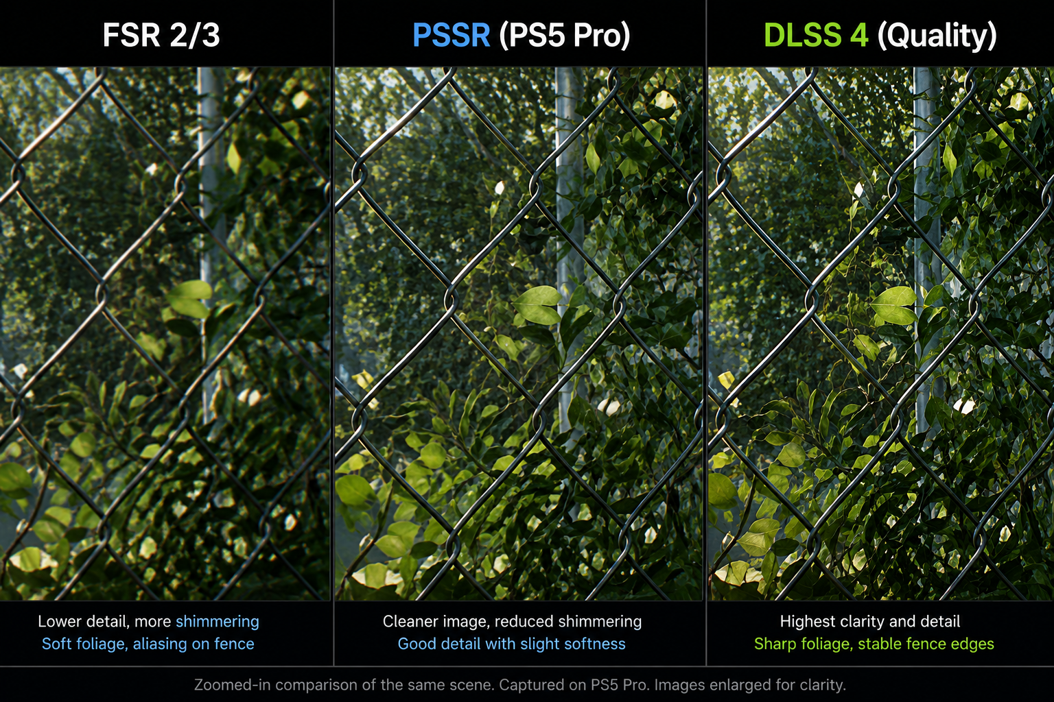 FSR 2/3 is hand-tuned, PSSR is a small neural net, DLSS 4 is a full transformer the quality gap reflects the math. A 3-panel zoomed-in comparison of the same game scene dense foliage with a chain-link fence in motion processed by FSR 2/3, PSSR, and DLSS 4. Each labeled. PSSR is visibly cleaner than FSR but a touch softer than DLSS 4. Clean technical comparison style, no UI clutter.