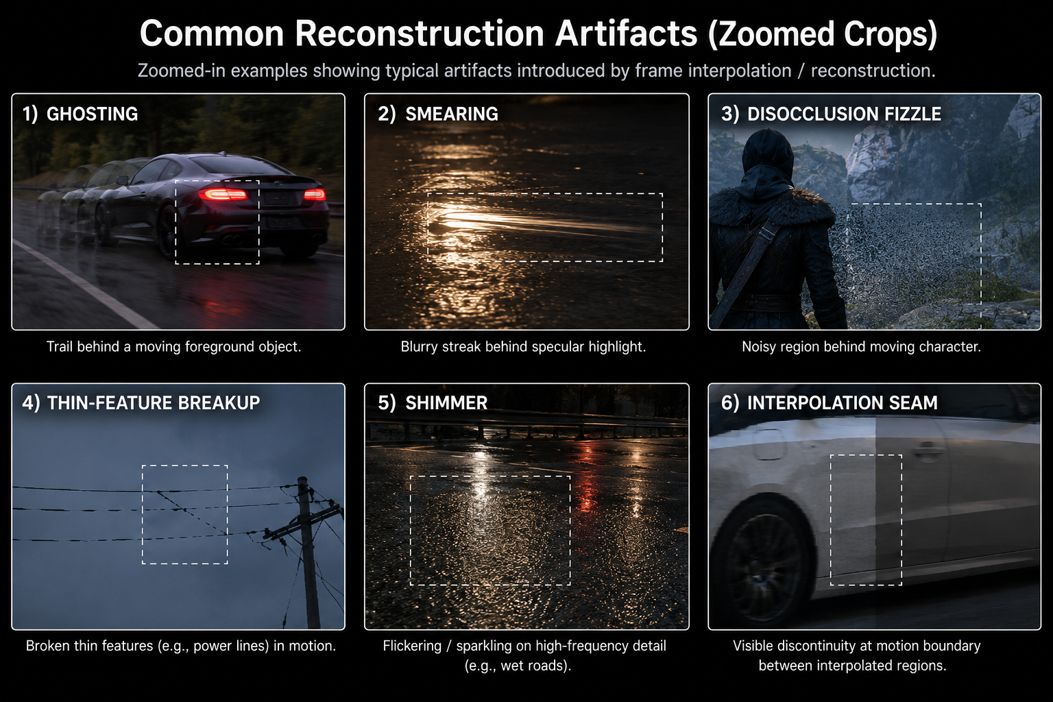 Infografica a 6 pannelli che mostra crop zoomati di artefatti di ricostruzione comuni, ognuno etichettato: ghosting (scia dietro un oggetto in primo piano in movimento), smearing (striscia sfocata dietro un highlight speculare), disocclusion fizzle (regione rumorosa dietro un personaggio in movimento), thin-feature breakup (linea elettrica spezzata in movimento), shimmer (sfarfallio su strada bagnata), e interpolation seam (discontinuità visibile al confine di movimento). Stile comparazione tecnica pulita, senza UI di gioco.
